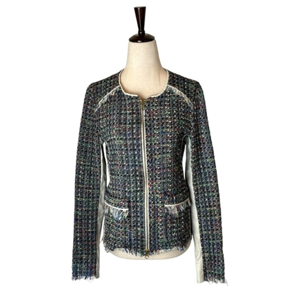 Ramy Brook Jacket Women Small Black Tweed Leather Sleeve And Trim Full Zip Retro